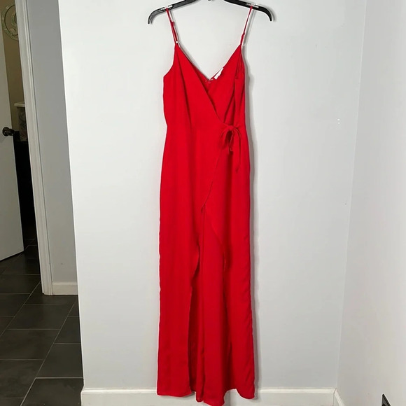 Leith Red Faux Wrap Side Tie Slit Leg Jumpsuit - Picture 2 of 6
